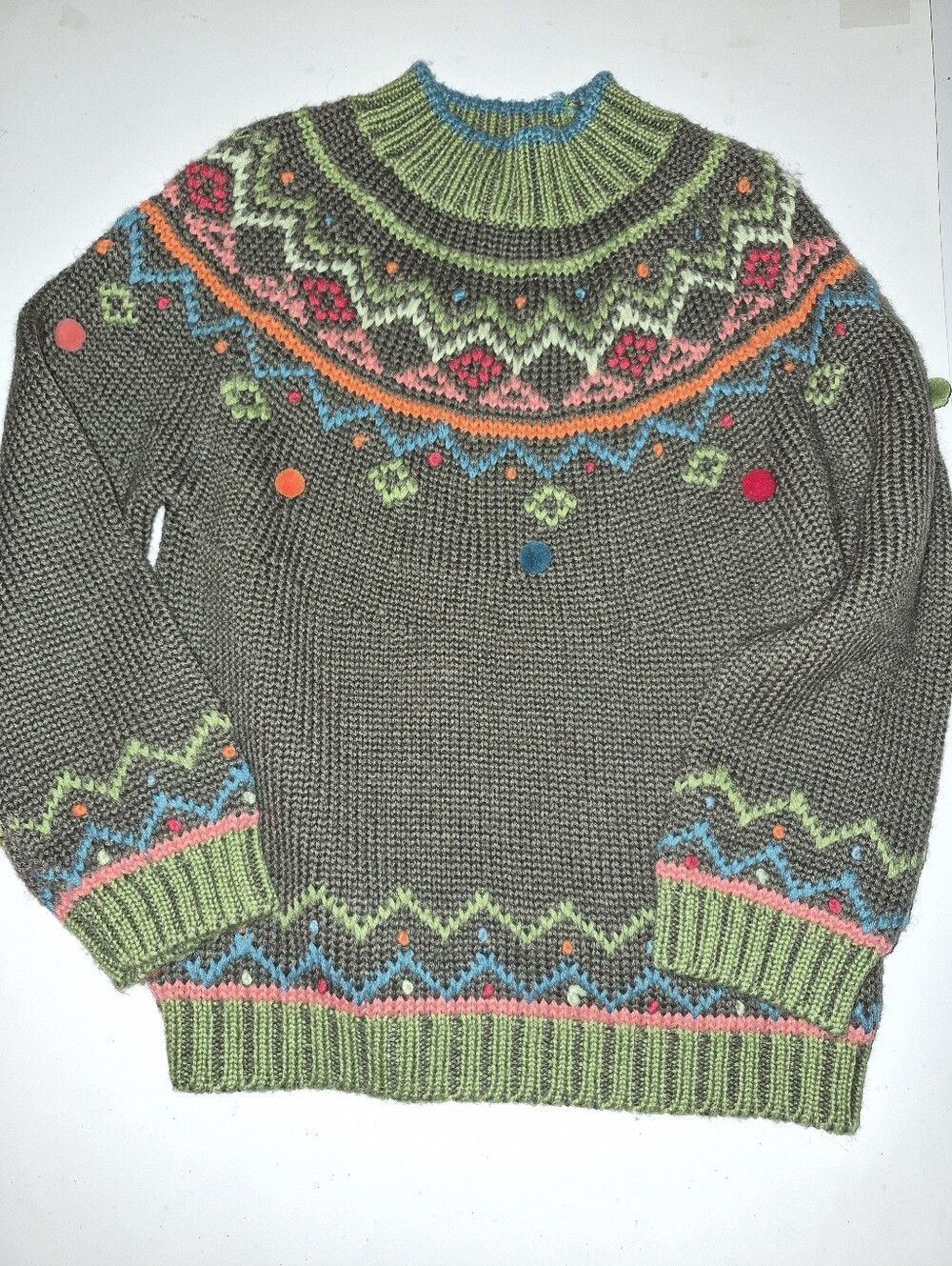 Girl Catimini Crewneck Fair Isle Sweater in Olive Wool Blend Size 8
